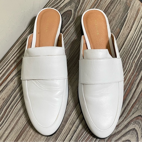 Halogen White Leather Mules Flats Slide On Low Block Heel Casual Preppy Size 9 - Picture 2 of 16